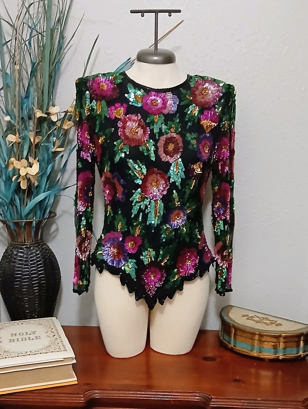 Vintage Laurence Kazar New York Beaded Sequin Silk Blouse Size M